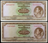 Venezuela. 1967. Banco Central. 100 bolívares. (Pick 48e). 8 de agosto, Simón Bolívar. 2 billetes, series S y T. BC+/MBC-.