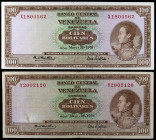 Venezuela. 1970. Banco Central. 100 bolívares. (Pick 48g). 26 de mayo, Simón Bolívar. 2 billetes, series X y Y. MBC-/MBC+.