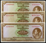 Venezuela. 1971. Banco Central. 100 bolívares. (Pick 48h). 17 de agosto, Simón Bolívar. 3 billetes, series A, B y Z. MBC-/MBC+.