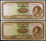 Venezuela. 1972. Banco Central. 100 bolívares. (Pick 48i). 24 de octubre, Simón Bolívar. 2 billetes, series C y D. MBC-/MBC+.