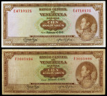 Venezuela. 1973. Banco Central. 100 bolívares. (Pick 48j). 6 de febrero, Simón Bolívar. 2 billetes, series E y F. BC+/MBC-.