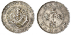 China
Qing-Dynastie. De Zong, 1875-1908
Dollar (Yuan) 1891. Provinz Kwang-Tung. Variante mit Punkt statt Strich zwischen Kwang und Tung.
vorzüglich...