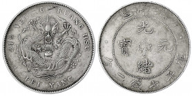 China
Qing-Dynastie. De Zong, 1875-1908
Dollar, Jahr 34 = 1908 Pei Yang (Mzst. Tientsin, Provinz Chihli), größere Jahreszahl.
gutes sehr schön, kl....