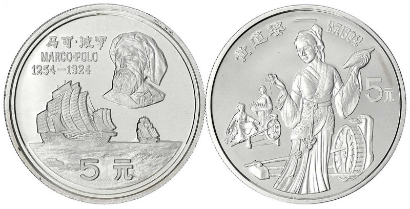China
Volksrepublik, seit 1949
2 Stück: 5 Yuan Silber 1983. Marco Polo, Segels...