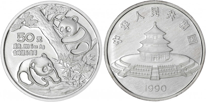 China
Volksrepublik, seit 1949
50 Yuan 5 Unzen Silbermünze 1990. Zwei Pandas....