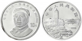 China
Volksrepublik, seit 1949
10 Yuan Silber 1993. 100. Geburtstag von Mao Zedong. Porträt von vorne. In Kapsel.
Polierte Platte. Krause/Mishler 5...