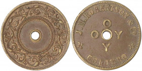 Ceylon
Britische Kolonie, 1796-1972
Kupfer-Token (zu 4 1/2 Pence) o.J.(um 1868). J.M. Robertson & Co., Colombo.
sehr schön. Pridmore 80.