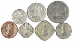 Indien
Republik, seit 1947
Kursmünzensatz (Proof Set) mit 7 Münzen 1954. 1 Pice, 1/2 Anna, 1 Anna, 2 Annas, 1/4, 1/2 und 1 Rupie. Ohne Pappblister (...