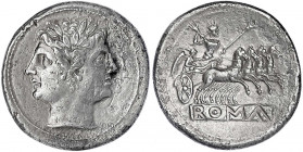 Römische Republik
Anonym 211-130 v. Chr
Quadrigatus 217/214 v. Chr. Januskopf/ROMA unter Jupiter mit Victoriola in Quadriga nach rechts. 6,24 g.
se...