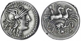 Römische Republik
Anonym, 128 v. Chr
Denar 128 v. Chr. Behelmter Romakopf r., links Wertzeichen für 16 Asses/ROMA. Pax in Pferdebiga r., darunter El...