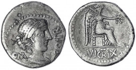 Römische Republik
M. Porcius Cato, 89 v.Chr
Denar 89 v. Chr. ROMA (M CATO P) RO PR. Weibl. Kopf r./VICTRIX. Victoria thront r. 3,76 g. Stempelstellu...