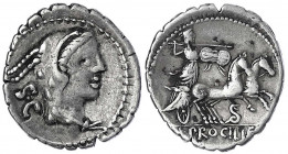 Römische Republik
C. Publicius, 80 v.Chr
Denar Serratus 80 v. Chr. SC. Kopf der Juno Sospita r./L. PROCILI. Juno in Biga r., darunter Schlange. 3,84...