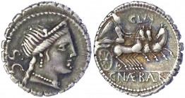 Römische Republik
C. Naevius Balbus, 79 v. Chr
Denar Serratus 79 v. Chr. Kopf der Iuno Moneta(?) n.r., l. SC/C. NAE. BALB. Victoria in Triga n.r. Ob...