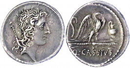 Römische Republik
Q. Cassius Longinus, 55 v.Chr
Denar 55 v. Chr. Kopf des Bonus Eventus r./Q. CASSIVS. Lituus, Adler und Capis. 3,76 g.
sehr schön/...