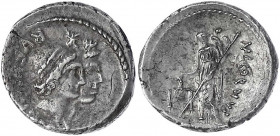 Römische Republik
Mn. Cordius Rufus, 46 v. Chr
Denar 46 v. Chr. RVFVS III VIR. Gestaffelte Köpfe der Dioskuren r./MN (ligiert) CORDIVS. Venus (?) st...