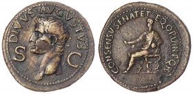 Kaiserzeit
Augustus 27 v. Chr. bis 14 n. Chr
Dupondius, posthum unter Caligula 37/41. DIVVS AVGVSTVS SC. Kopf mit Strahlenbinde l./CONSENSV SENAT ET...