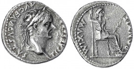 Kaiserzeit
Tiberius 14-37
Denar 14/37, Lugdunum. Belorb. Kopf r./PONTIF MAXIM. Livia sitzt r., hält Zepter und Zweig. 3,37 g. Stempelstellung 3 h.
...
