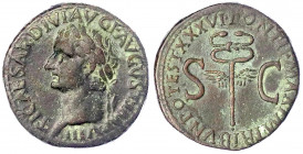 Kaiserzeit
Tiberius 14-37
As 35/36. Bel. Kopf l./PONTIF MAXIM TRIBVN POTEST XXXVII SC. Caduceus. 11,33 g. Stempelstellung 7 h.
sehr schön. RIC 59.