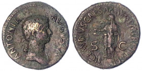 Kaiserzeit
Antonia Großmutter des Caligula
Dupondius 41/54. Kopf r./Claudius steht l., hält Schöpfkelle und Schriftrolle. 15,66 g. Stempelstellung 6...