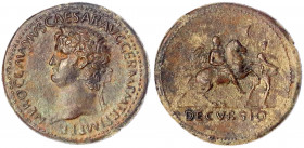 Kaiserzeit
Nero 54-68
Sesterz 63. Belorb. Kopf l./DECVRSIO. Nero zu Pferd, gehalten von einem Soldaten. 25,57 g. Stempelstellung 5 h.
fast vorzügli...