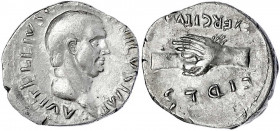 Kaiserzeit
Vitellius, 69 n. Chr
Denar 69. Kopf r./FIDES EXERCITVM. Handschlag. 3,24 g.
gutes sehr schön. RIC 67.