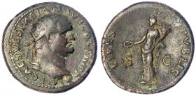 Kaiserzeit
Vespasian, 69-79
Dupondius 77/78, Lugdunum. Büste mit Strahlenbinde r./FIDES PVBLIC SC. Fides steht l. 13,76 g. Stempelstellung 8 h.
seh...