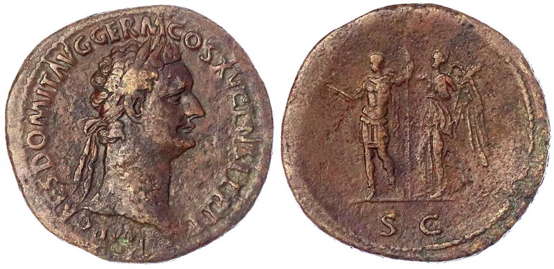 Kaiserzeit
Domitian, 81-96
Sesterz 92/94. Belorb. Kopf r./SC. Kaiser und Victo...