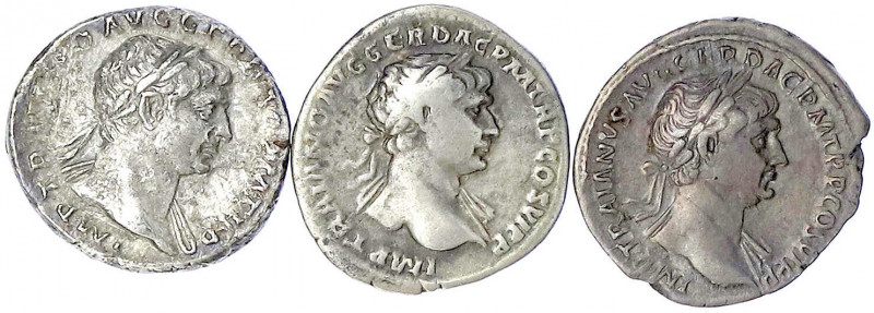 Kaiserzeit
Trajan, 98-117
3 Denare: Divus Pater Traian, Via Traiana und Trophä...