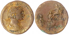 Kaiserzeit
Trajan, 98-117
Sesterz 116/117. Bel., drap. Brb. r./REX PARTHIS DATVS. Trajan thront l. auf Podest, davor steht ein Assistent, davor knie...