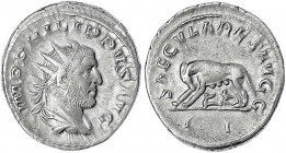 Kaiserzeit
Philippus I. Arabs, 244-249
Antoninian 247. Drap. Brb. mit Strahlenbinde r./SAECVLARES AVG II. Wölfin säugt Romulus und Remus. 4,99 g. St...