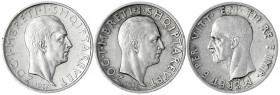 Albanien
Lots
3 Silbermünzen: 1 Frang Ar 1935 und 1937, 5 Lek 1939.
vorzüglich, einmal kl. Randfehler
