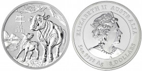 Australien
Elisabeth II., seit 1952
8 Dollars 5 Unzen Silbermünze 2021. Jahr des Ochsen. 155,5 g. 999/1000. In Kapsel.
Stempelglanz