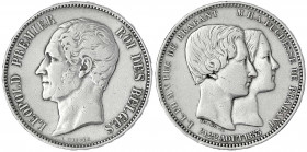 Belgien
Leopold I., 1830-1865
(5 Francs) Hochzeit in Silber 1853. sehr schön/vorzüglich. Krause/Mishler X 2.1.