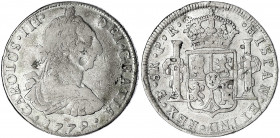 Bolivien
Carlos III., 1759-1788
8 Reales 1779, Pososi PR. schön/sehr schön, chines. Chopmarks. C./C./T. 1176.