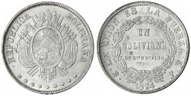 Bolivien
Republik, seit 1825
Boliviano 1874 PTS FE. vorzüglich/Stempelglanz. Krause/Mishler 160.1.