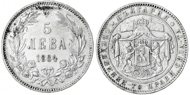 Bulgarien
Alexander I. als Prinz, 1879-1886
5 Leva 1884. sehr schön. Krause/Mi...