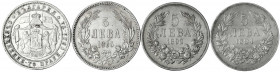 Bulgarien
Alexander I. als Prinz, 1879-1886
4 X 5 Leva: 1884, 1885, 1892, 1894. alle sehr schön. Krause/Mishler 7,15,18.