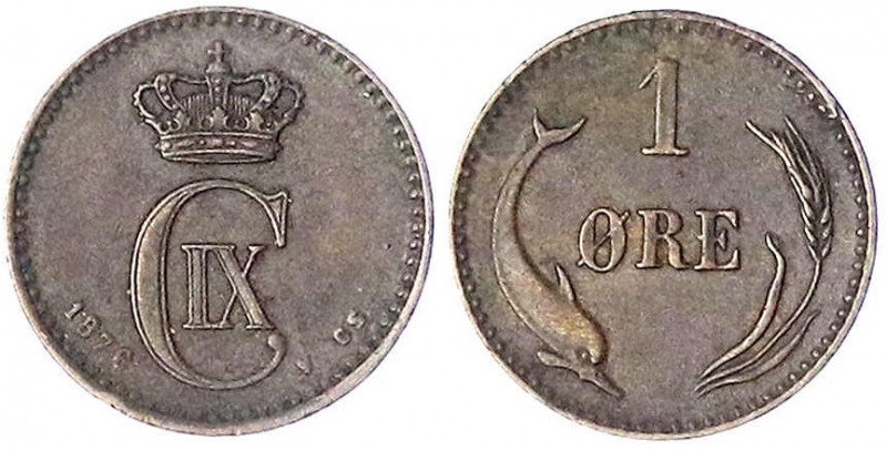 Dänemark
Christian IX., 1863-1906
1 Öre 1876. sehr schön, selten. Hede 19A. Kr...