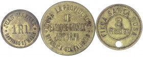 El Salvador
Republik, seit 1839
3 Messing-Marken: 12 1/2 Centavos Juan Mayner, Santiago de Maria; ohne Wertangabe Finca de Providencia, Enrico Galve...