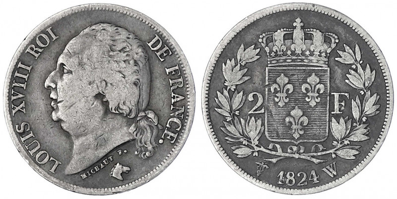 Frankreich
Ludwig XVIII., 1814, 1815-1824
2 Francs 1824 W, Lille. schön/sehr s...