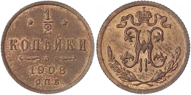 Russland
Nikolaus II., 1894-1917
1/2 Kopeke 1908, St. Petersburg. vorzüglich/S...