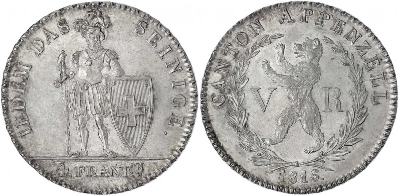 Schweiz-Appenzell
Kanton
4 Franken 1816. Auflage nur 1850 Ex.
vorzüglich/Stem...