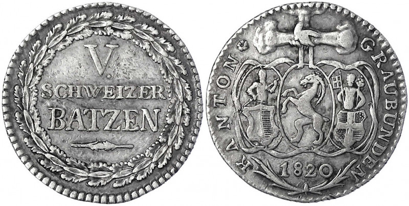 Schweiz-Graubünden, Kanton
5 Batzen 1820. sehr schön. HMZ 2-604 b. Divo/Tobler ...