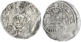 Deutsche Kaiser und Könige des Mittelalters
Philipp von Schwaben, 1198-1208
Pfennig o.J., Duisburg? RE.....LIPVS. König thront v.v./SAN...CO..... Ei...