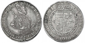 Haus Habsburg
Erzherzog Ferdinand II., 1564-1595
Reichstaler o.J. Hall. Harnisch mit 3 Bändern mit Ornamenten verziert. Zepter zeigt auf R, Ellbogen...