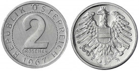 Republik Österreich
2. Republik nach 1945
2 Groschen 1967. Polierte Platte, kl. Kratzer. Jaeger/Jaeckel 6.