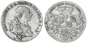 Brandenburg-Ansbach
Alexander, 1757-1791
Konventionstaler 1765 G/S, Schwabach. fast sehr schön, kl. Schrötlingsfehler. Slg. Wilmersdörffer 1079. Dav...
