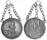 Brandenburg-Preußen
Joachim Friedrich, 1598-1608
Schaumünze mit 3 Ösen an Kette 1598 unsigniert (Tobias Wolff ?) Brb. r./INITIVM SAPIENTIAE TIMOR DO...