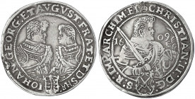 Sachsen-Albertinische Linie
Christian II., Johann Georg I. und August, 1602-1611
Reichstaler 1609 HR, Dresden. sehr schön, Henkelspur. Schnee 767. K...