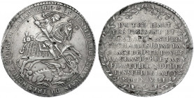 Sachsen-Albertinische Linie
Johann Georg II., 1656-1680
Feinsilbertaler nach zinnaischem Fuß 1678, auf die Verleihung des Hosenbandordens und auf da...